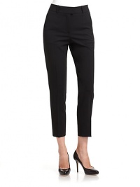 THE LOOKWaistband with belt loopsZip fly with slide tab and button closureAngled pocketsCreased front and back legsBack welt pocketsTHE FITRise, about 9Inseam, about 24THE MATERIAL96% virgin wool/4% elastaneCARE & ORIGINDry cleanImportedModel shown is 5'10 (177cm) wearing US size 4. THE LOOKWaistband with belt loopsZip fly with slide tab and button closureAngled pocketsCreased front and back legsBack welt pocketsTHE FITRise, about 9Inseam, about 24THE MATERIAL96% virgin wool/4% elastaneCARE & ORIGINDry cleanImportedModel shown is 5'10 (177cm) wearing US size 4.