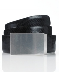 Make a luxe statement with the snakeskin-embossed leather and made-for-engraving silver plaque buckle of this sleek dress belt from Sean John. Make a luxe statement with the snakeskin-embossed leather and made-for-engraving silver plaque buckle of this sleek dress belt from Sean John.