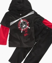 Get his back-to-school wardrobe off the ground with this two-piece set from Clubhouse: layered-look hoodie tee with helicopter graphic and stitching that reads My Ride plus jeans-style pants with zip fly. Get his back-to-school wardrobe off the ground with this two-piece set from Clubhouse: layered-look hoodie tee with helicopter graphic and stitching that reads My Ride plus jeans-style pants with zip fly.