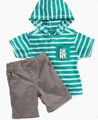 He'll have solid style and comfort in an instant with this cute, striped hoodie and short set from DKNY. He'll have solid style and comfort in an instant with this cute, striped hoodie and short set from DKNY.