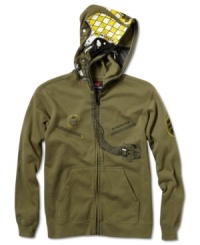 He can zip into this Quiksilver Maskerade hoodie, with a mesh mask over the eyes to make him look like a fighter pilot, future solider or shark. He can zip into this Quiksilver Maskerade hoodie, with a mesh mask over the eyes to make him look like a fighter pilot, future solider or shark.