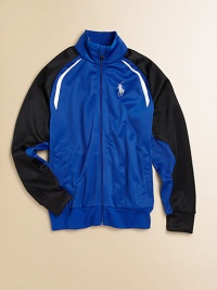 Ralph Lauren's iconic pony elevates a lightweight mockneck jacket with bold contrast accents for superior game-time style.Mockneck collarLong sleevesFull-zip frontSide slash pocketsRibbed hemPolyesterMachine washImported Ralph Lauren's iconic pony elevates a lightweight mockneck jacket with bold contrast accents for superior game-time style.Mockneck collarLong sleevesFull-zip frontSide slash pocketsRibbed hemPolyesterMachine washImported