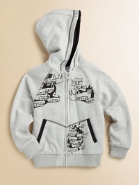 Cushy and cozy in plush cotton knit, with creatures great and small leering on the front.Attached hood with contrast topstitchingBold front zipperRaglan sleeves withg ribbed cuffsSplit kangaroo pockets with contrast trimRibbed bottomContrast jersey liningCottonMachine washImported Cushy and cozy in plush cotton knit, with creatures great and small leering on the front.Attached hood with contrast topstitchingBold front zipperRaglan sleeves withg ribbed cuffsSplit kangaroo pockets with contrast trimRibbed bottomContrast jersey liningCottonMachine washImported