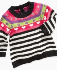 This striped sweater from First Impression makes a warm and fun addition to her wardrobe. This striped sweater from First Impression makes a warm and fun addition to her wardrobe.