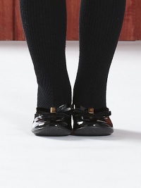 Patent leather ballerina flats with bow, metal interlocking G and attached knit sock.Pull-on stylePatent leather upperKnit liningRubber solePadded insoleImported Patent leather ballerina flats with bow, metal interlocking G and attached knit sock.Pull-on stylePatent leather upperKnit liningRubber solePadded insoleImported
