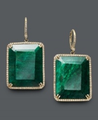 Playful shapes in vivid hues add just the right touch to your party wear. Emerald-cut dyed-green corundum sapphires (61 ct. t.w.) add vivacity while round-cut diamonds (3/4 ct. t.w.) make this style shine. Set in 14k gold. Approximate drop: 1 inch. Stones from Brazil. Playful shapes in vivid hues add just the right touch to your party wear. Emerald-cut dyed-green corundum sapphires (61 ct. t.w.) add vivacity while round-cut diamonds (3/4 ct. t.w.) make this style shine. Set in 14k gold. Approximate drop: 1 inch. Stones from Brazil.