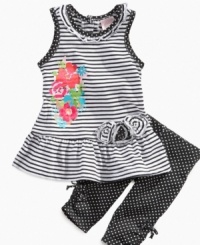 Splash of color. A wonderfully colorful floral graphic adds a fun flash to this polka dot and striped top and leggings set from Nannette. Splash of color. A wonderfully colorful floral graphic adds a fun flash to this polka dot and striped top and leggings set from Nannette.