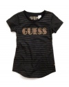 GUESS Kids Girls Big Girl Lurex Stripe Logo Tee, BLACK (10/12)