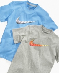 Classic style. A slick update on a trademarked style, he'll look fresh in this swoosh logo tee from Nike. Classic style. A slick update on a trademarked style, he'll look fresh in this swoosh logo tee from Nike.
