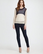 Chunky, semi-sheer knit in a relaxed silhouette with ribbed trim and a modern colorblock design. Ribbed, semi-sheer crewneckDropped shouldersLong sleevesRibbed cuffs and hemSemi-sheer upper backLinen/spandexDry cleanImported of Italian fabricModel shown is 5'10 (177cm) wearing US size Small.
