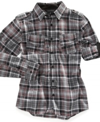 He'll look spiffy in this Sean John button down, with a classic plaid design and cool shoulder details. He'll look spiffy in this Sean John button down, with a classic plaid design and cool shoulder details.