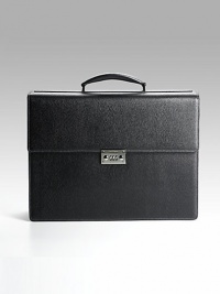 Double gusset case's sleek lines hide lots of inside pockets, securely closed with a combination lock. Top handle Detachable shoulder strap Logo metal lock closure Back outside pocket Two inside sections One inside zip pocket, one pen and cell pocket Six inside credit card pockets Logo lining 12½W X 16½H X 5D Made in Italy