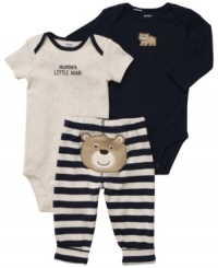 Keep him comfy, cozy and feeling beary special with this adorable 3-piece bodysuits and pant set from Carter's. Keep him comfy, cozy and feeling beary special with this adorable 3-piece bodysuits and pant set from Carter's.
