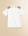 A basic tee, distinguished by woven check patches at the shoulders and an embroidered logo on the front.Ribbed crewneck Short sleeves Cotton; machine wash ImportedPlease note: Pattern may vary. 