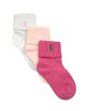 Three-pack of versatile, solid stretch cotton socks can be worn up as trouser socks or triple-rolled to reveal a preppy pony detail.