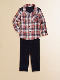 A bold plaid print adorns this western-inspired, handsome button-down with contrasting shoulder patches.Shirt collarLong sleeves with button cuffsButton-frontFront patch pocketShirttail hemCottonMachine washImported Please note: Number of buttons may vary depending on size ordered. A bold plaid print adorns this western-inspired, handsome button-down with contrasting shoulder patches.Shirt collarLong sleeves with button cuffsButton-frontFront patch pocketShirttail hemCottonMachine washImported Please note: Number of buttons may vary depending on size ordered.