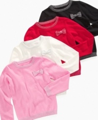 So Jenni takes the pullover sweater beyond basic with sweet details like sparkly ribbing and a three-dimensional bow. So Jenni takes the pullover sweater beyond basic with sweet details like sparkly ribbing and a three-dimensional bow.