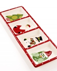 A great combination of practicality and holiday cheer, Certified International's hand-painted relish tray can hold four of your favorite holiday treats. A great combination of practicality and holiday cheer, Certified International's hand-painted relish tray can hold four of your favorite holiday treats.