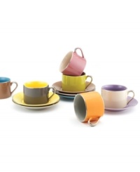 Perk right up with cappuccino cups and saucers glazed in cheerful solid colors. Sparkling platinum accents contrast shades of yellow, blue, orange and pink. From Classic Coffee & Tea by Yedi. Perk right up with cappuccino cups and saucers glazed in cheerful solid colors. Sparkling platinum accents contrast shades of yellow, blue, orange and pink. From Classic Coffee & Tea by Yedi.