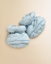 A cute, cozy pair of little booties with check lining and elastic cuff.Elastic cuff with pullCheck linedDown fillPolyesterMachine washImported