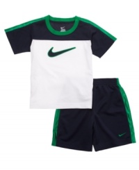 Stay active. Get him moving with this comfortable, sporty t-shirt and short set from Nike. Stay active. Get him moving with this comfortable, sporty t-shirt and short set from Nike.