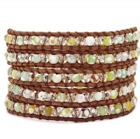 Chan Luu Lime Green Fire Agate Crystal Mix Wrap Bracelet on Natural Brown Leather