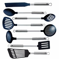 Since 1853 WMF has produced quality-designed products for professional and home use. In keeping with tradition the Profi Plus line of kitchen tools and gadgets are produced and tested with key factors that affect cooking performance: weight, balance, size. The result is over 100 perfect designed tools to choose from - variety is the spice of life. The Non-Stick collection features everything from ladles to lifters and are dishwasher safe. Shown from left to right: cake spatula, serving spoon, slotted spoon, chinese turner, skimming ladle, ladle, slotted turner, long slotted turner.