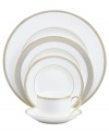 Dress for dinner with the Golden Grosgrain 5-piece place settings. Perfect for adorning a formal table, these white bone china pieces are transformed with a ribbon of golden texture for a sophisticated, lustrous shine.