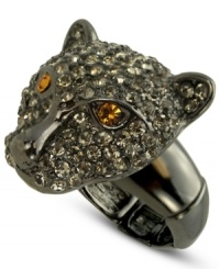 Animal attraction. This stretch ring from GUESS is crafted from hematite-tone mixed metal with black glass and topaz accents making a fashionably fierce statement. Item comes packaged in a signature GUESS Gift Box.