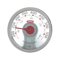 A frosted glass back panel allows the light in the back of your oven to shine through the Thermometer, illuminating the large numbers and making them easy to read. The easy-to-use clip lets you hang the Thermometer from any oven rack or stand it on top of the rack. In either position, the clip fits securely on the oven rack to prevent the Thermometer from falling when food is moved in or out of the oven. Calibrated for accuracy, OXO International's Oven Thermometer features Fahrenheit and Celsius temperature scales for increased convenience. A frosted glass back panel allows the light in the back of your oven to shine through the Thermometer, illuminating the large numbers and making them easy to read. The easy-to-use clip lets you hang the Thermometer from any oven rack or stand it on top of the rack. In either position, the clip fits securely on the oven rack to prevent the Thermometer from falling when food is moved in or out of the oven. Calibrated for accuracy, OXO International's Oven Thermometer features Fahrenheit and Celsius temperature scales for increased convenience.