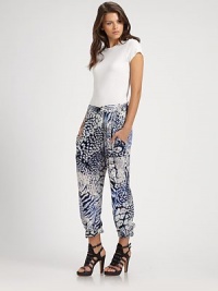 Vibrant animal-print on woven silk in a slouchy-fit straight-leg silhouette.Crossover waistbandPleated frontZip-flyAngled hip pocketsInseam, about 33Rise, about 10SilkDry cleanImportedModel shown is 5'10 (177cm) wearing US size 4. Vibrant animal-print on woven silk in a slouchy-fit straight-leg silhouette.Crossover waistbandPleated frontZip-flyAngled hip pocketsInseam, about 33Rise, about 10SilkDry cleanImportedModel shown is 5'10 (177cm) wearing US size 4.