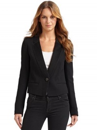 THE LOOKNotched lapel with textured collarTextured pipingSingle button frontLong sleevesDual welt pocketsShaped seamsCenter back slitTHE FITAbout 20½ from shoulder to hemTHE MATERIAL81% wool/19% nylonTrim: 60% silk/40% cottonFully linedCARE & ORIGINDry cleanImported THE LOOKNotched lapel with textured collarTextured pipingSingle button frontLong sleevesDual welt pocketsShaped seamsCenter back slitTHE FITAbout 20½ from shoulder to hemTHE MATERIAL81% wool/19% nylonTrim: 60% silk/40% cottonFully linedCARE & ORIGINDry cleanImported