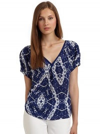 THE LOOKBatik print Double v-neckShort sleevesBack crisscross straps THE FITAbout 23 from shoulder to hemTHE MATERIALSilkCARE & ORIGINDry cleanImportedModel shown is 5'9 (175cm) wearing US size 4. THE LOOKBatik print Double v-neckShort sleevesBack crisscross straps THE FITAbout 23 from shoulder to hemTHE MATERIALSilkCARE & ORIGINDry cleanImportedModel shown is 5'9 (175cm) wearing US size 4.