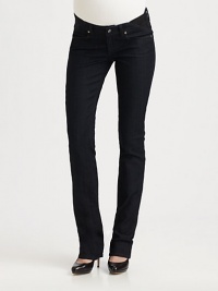 Classic dark-rinse denim, in a chic straight-leg silhouette.THE FITSide elastic inserts Straight leg Rise, about 7 Inseam, about 34 Leg opening, about 14THE DETAILSZip fly Button closure Five-pocket style 80% cotton/19% polyester/1% spandex Machine wash Made in USA of imported fabric Classic dark-rinse denim, in a chic straight-leg silhouette.THE FITSide elastic inserts Straight leg Rise, about 7 Inseam, about 34 Leg opening, about 14THE DETAILSZip fly Button closure Five-pocket style 80% cotton/19% polyester/1% spandex Machine wash Made in USA of imported fabric