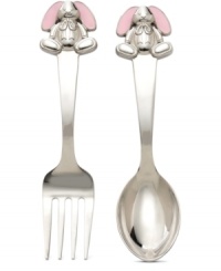 Babies and parents will be tickled pink by Reed & Barton's Gingham Bunny flatware set. Short handles topped with pink-eared rabbits teach – and encourage – your child to feed and help himself! Babies and parents will be tickled pink by Reed & Barton's Gingham Bunny flatware set. Short handles topped with pink-eared rabbits teach – and encourage – your child to feed and help himself!