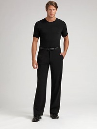 Flat-front style with on-seam pockets. Front zipper Belt loops Wool/elastene; dry clean Imported