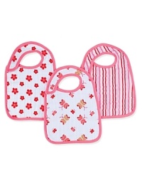Pretty posies, fluttering butterflies and bright stripes adorn these bibs that have three snaps at the shoulder to make them easy to take on and off. Pretty posies, fluttering butterflies and bright stripes adorn these bibs that have three snaps at the shoulder to make them easy to take on and off.