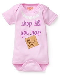 An adorable short sleeve romper with Shop till you Nap and Little Brown Bag graphic printed on front. An adorable short sleeve romper with Shop till you Nap and Little Brown Bag graphic printed on front.