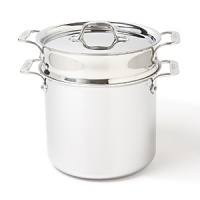 The design of the pasta pentola, a 7-quart stockpot combined with a colander insert, lets you easily lift and drain cooked pasta. This versatile pan may also be used for steaming or blanching a variety of foods, including vegetables and shellfish. Also, making any kind of stock becomes effortless by adding meat, vegetables and seasoning to the insert, which is then simply removed when finished, eliminating the need for straining. The design of the pasta pentola, a 7-quart stockpot combined with a colander insert, lets you easily lift and drain cooked pasta. This versatile pan may also be used for steaming or blanching a variety of foods, including vegetables and shellfish. Also, making any kind of stock becomes effortless by adding meat, vegetables and seasoning to the insert, which is then simply removed when finished, eliminating the need for straining.
