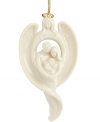 A lovely family of three is being watched over by an angel in this porcelain ornament from Lenox. With gold hanging thread.