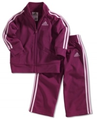 She's an all-star player. Have her learn the rules in this comfy adidas tricot jacket and pants set. She's an all-star player. Have her learn the rules in this comfy adidas tricot jacket and pants set.