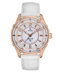 Spice up your look with a touch of the luxurious life. Marine Star watch by Bulova crafted of white croc-embossed leather strap and round rose-gold tone stainless steel case with 16 diamond accents. White mother-of-pearl dial features applied rose-gold tone numerals and stick indices, three hands and logo. Quartz movement. Water resistant to 50 meters. Three-year limited warranty. Spice up your look with a touch of the luxurious life. Marine Star watch by Bulova crafted of white croc-embossed leather strap and round rose-gold tone stainless steel case with 16 diamond accents. White mother-of-pearl dial features applied rose-gold tone numerals and stick indices, three hands and logo. Quartz movement. Water resistant to 50 meters. Three-year limited warranty.