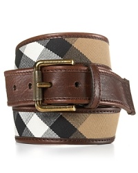 Check printed cotton is trimmed in luxe leather on this timeless belt from Burberry.