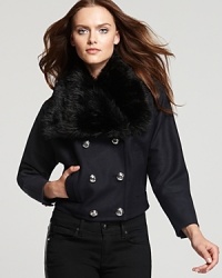 Sharp tailoring and gleaming accents lend effortless sophistication to this Juicy Couture jacket, trimmed with a decadent faux-fur collar for luxe appeal. Sharp tailoring and gleaming accents lend effortless sophistication to this Juicy Couture jacket, trimmed with a decadent faux-fur collar for luxe appeal.