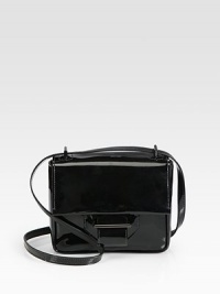 A patent, glazed, glove tanned leather style in a petite boxy design with a convertible strap for convenience.Adjustable shoulder strap, 12½-25½ dropMagnetic snap flap closureOne open pocket under flapOne outside open pocketOne inside zip pocketCotton lining7W X 5½H X 2¼DImported A patent, glazed, glove tanned leather style in a petite boxy design with a convertible strap for convenience.Adjustable shoulder strap, 12½-25½ dropMagnetic snap flap closureOne open pocket under flapOne outside open pocketOne inside zip pocketCotton lining7W X 5½H X 2¼DImported