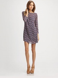 Boldly-printed silk in a mod A-line sheath.BoatneckThree-quarter sleevesZip-flySlash pocketsAbout 30¾ from shoulder to hemSilkDry cleanImported Boldly-printed silk in a mod A-line sheath.BoatneckThree-quarter sleevesZip-flySlash pocketsAbout 30¾ from shoulder to hemSilkDry cleanImported