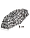 A chic umbrella with black and white logo print all over and black logo printed ball handle.