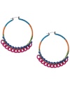Attract some attention. The eye-catching details of blue, orange and green thread, vibrant blue crystal cup accents and a hot pink chain all make Haskell's hoop earrings a must for the aspiring fashionista. Crafted in rhodium-plated mixed metal. Approximate diameter: 2-3/8 inches. Approximate drop: 2-1/4 inches.