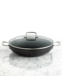 Must-have for the main dish! A forged hard-anodized construction with a durable nonstick finish and generously sized handles make it easy to prep, present & clean up with ease. The shallow design is the picture of versatility for slow cooking, roasting and even deep frying. 10-year warranty. Must-have for the main dish! A forged hard-anodized construction with a durable nonstick finish and generously sized handles make it easy to prep, present & clean up with ease. The shallow design is the picture of versatility for slow cooking, roasting and even deep frying. 10-year warranty.