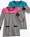 A bright, striped tunic from Takeout, made with just a touch of stretch fiber so she can wear it all day long.